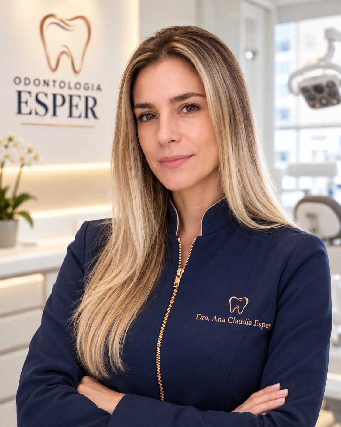 Dra. Ana Claudia Esper de braços cruzados, com o uniforme da clínica